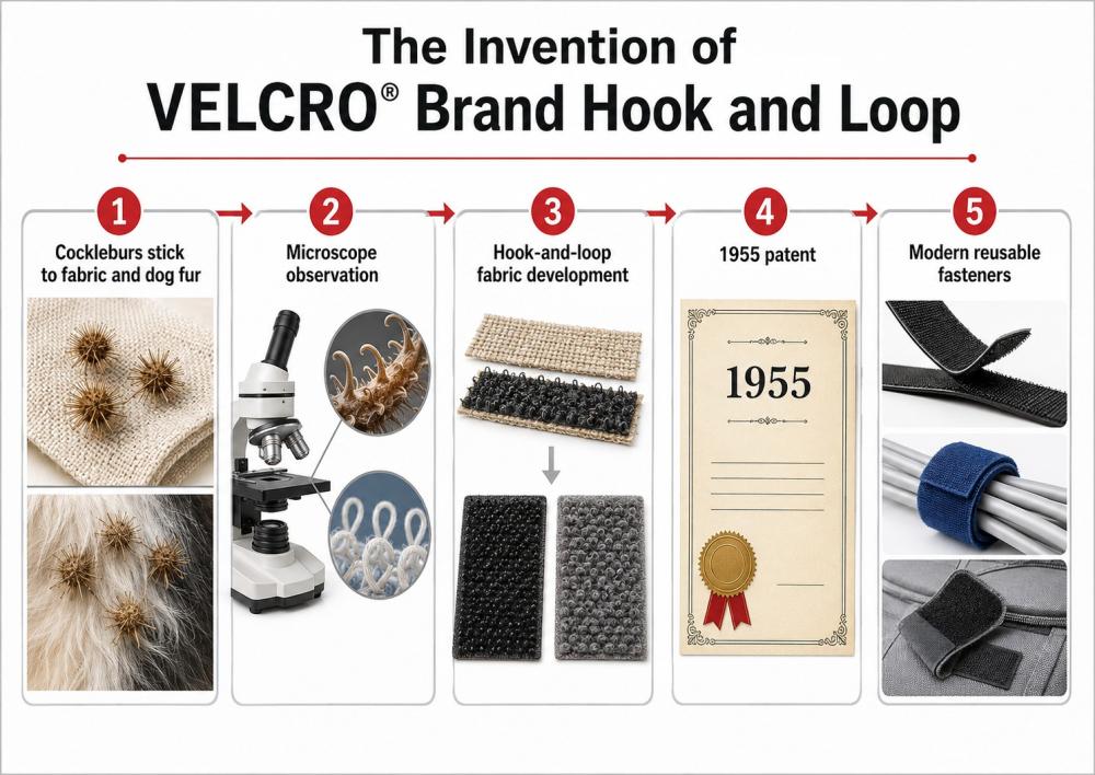 Timeline of the invention of VELCRO® Brand hook and loop, from cockleburs to modern reusable fasteners.