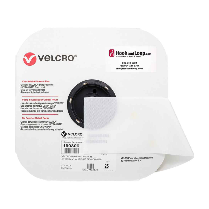 4" - VELCRO® Brand Hook Sew-On - White 190806