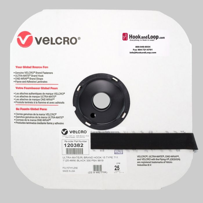 1" - VELCRO® Brand ULTRA-MATE® Hook 705 - Black, Rubber Pressure Sensitive Adhesive 152880
