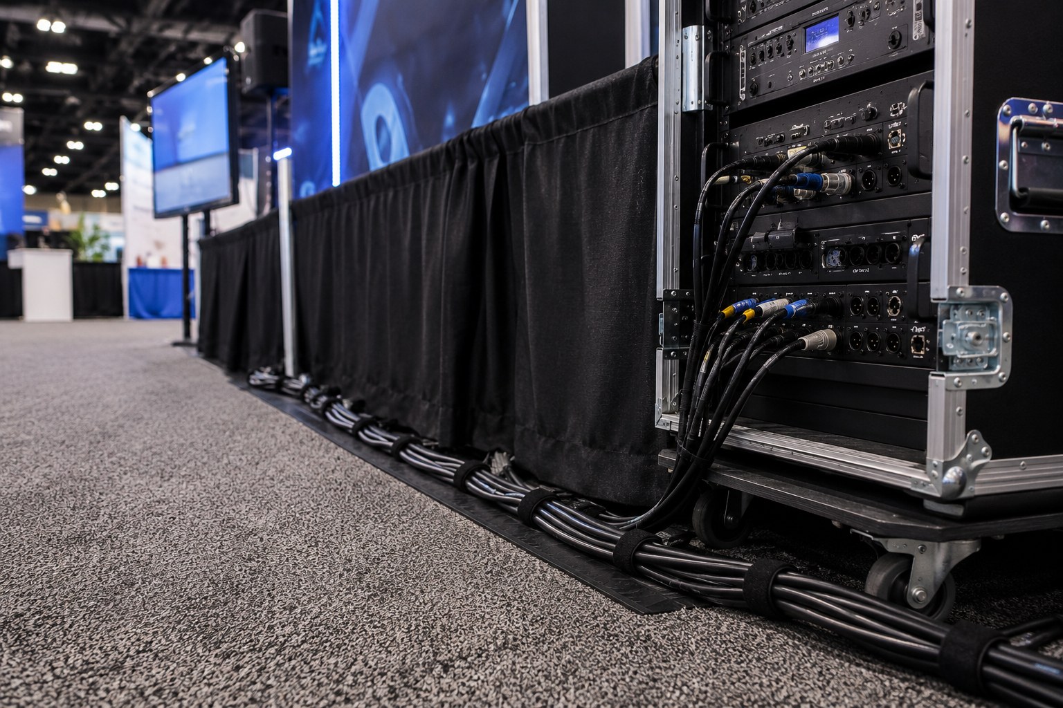 Temporary event cables organized with reusable hook-and-loop ties
