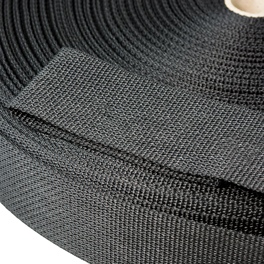 A screenshot of a backend content management system panel displaying fields for Title and URL-Key next to uploaded Featured and Mobile images of a roll of black heavy-duty polypropylene webbing material used for Hook and Loop Straps manufacturing.
