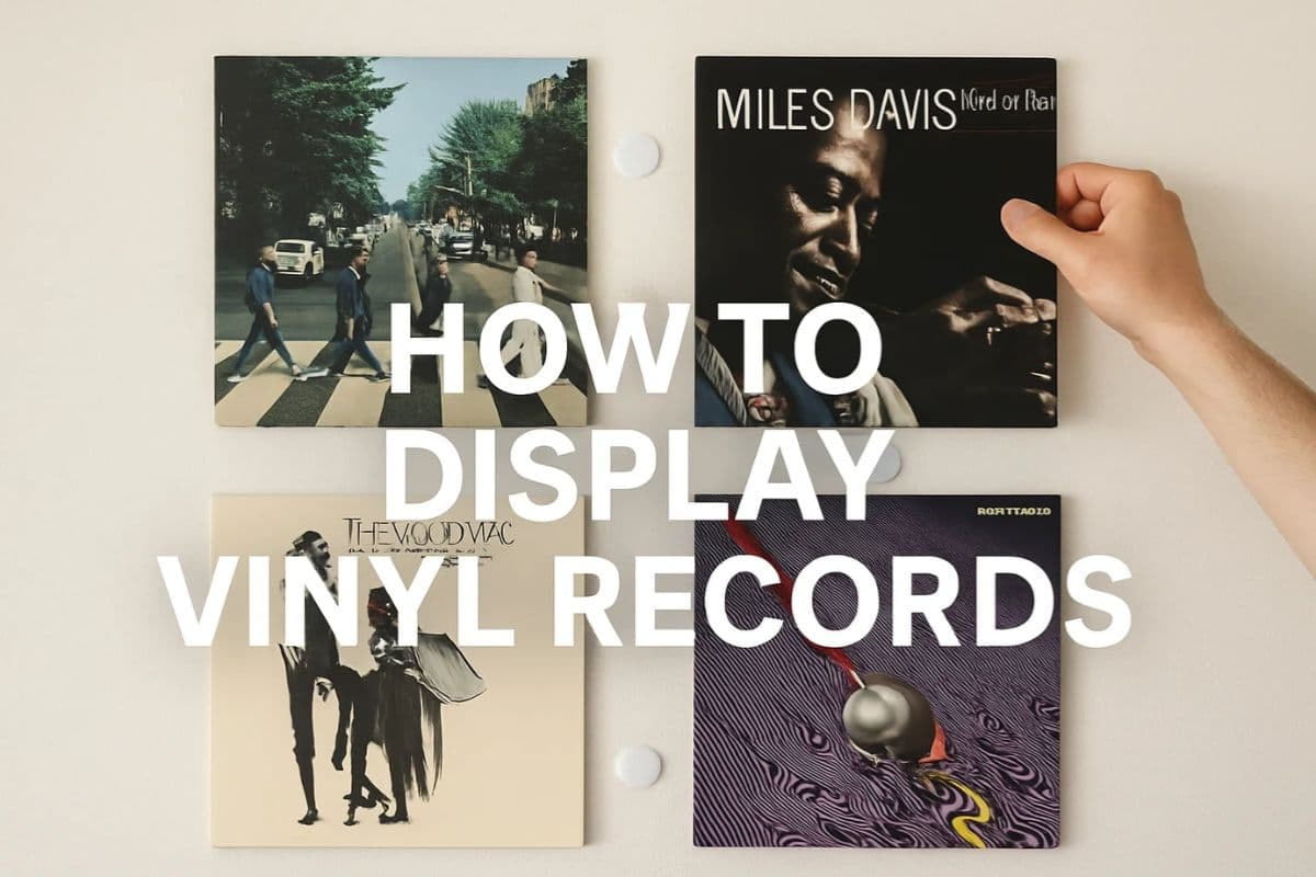 Four vinyl record albums mounted on a wall with text overlay reading "HOW TO DISPLAY VINYL RECORDS".