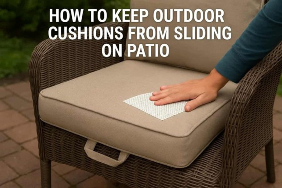 Hand placing a white non-slip pad onto a patio chair cushion with text overlay reading HOW TO KEEP OUTDOOR CUSHIONS FROM SLIDING ON PATIO.
