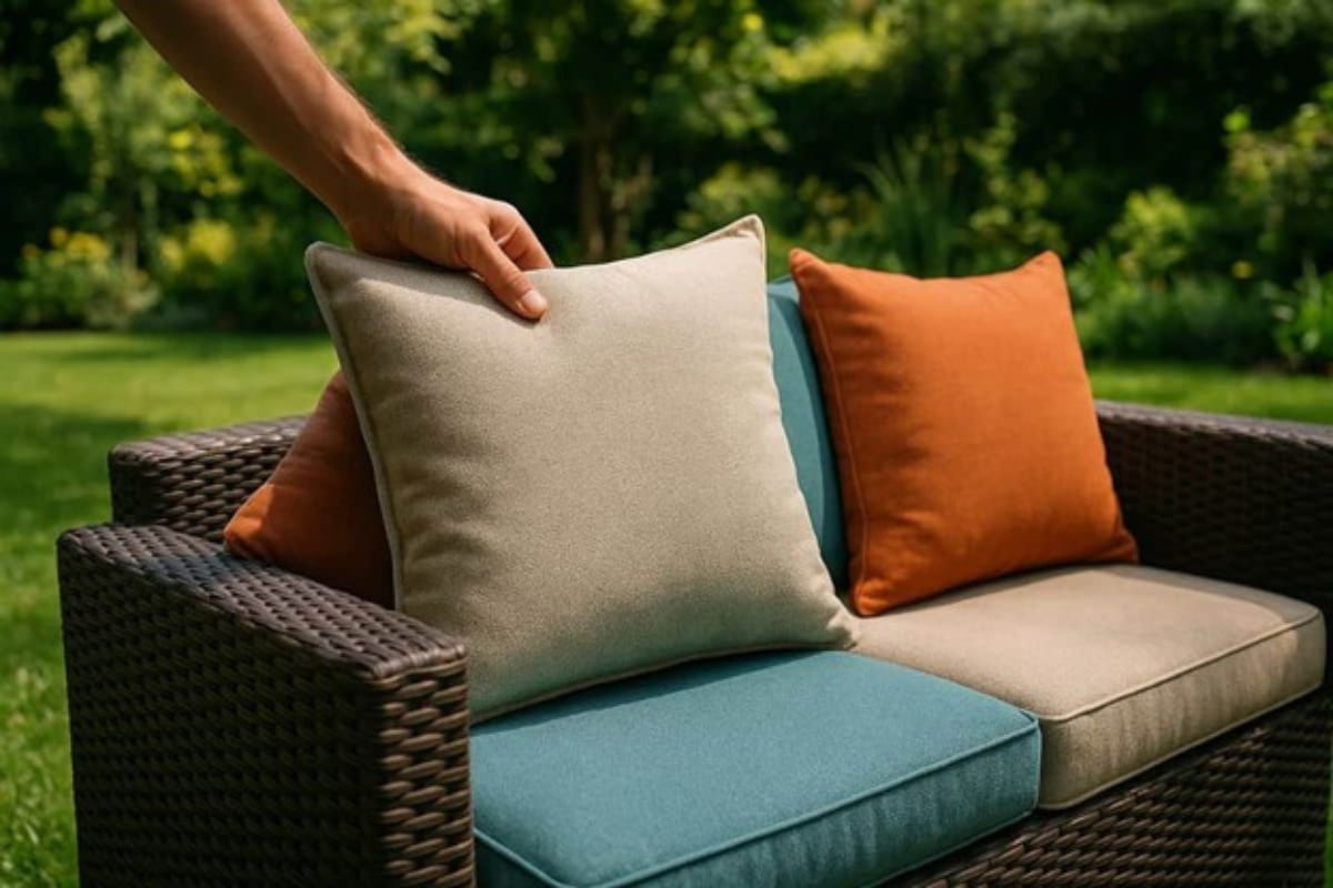 Hand arranging decorative throw pillows on an outdoor patio sofa.